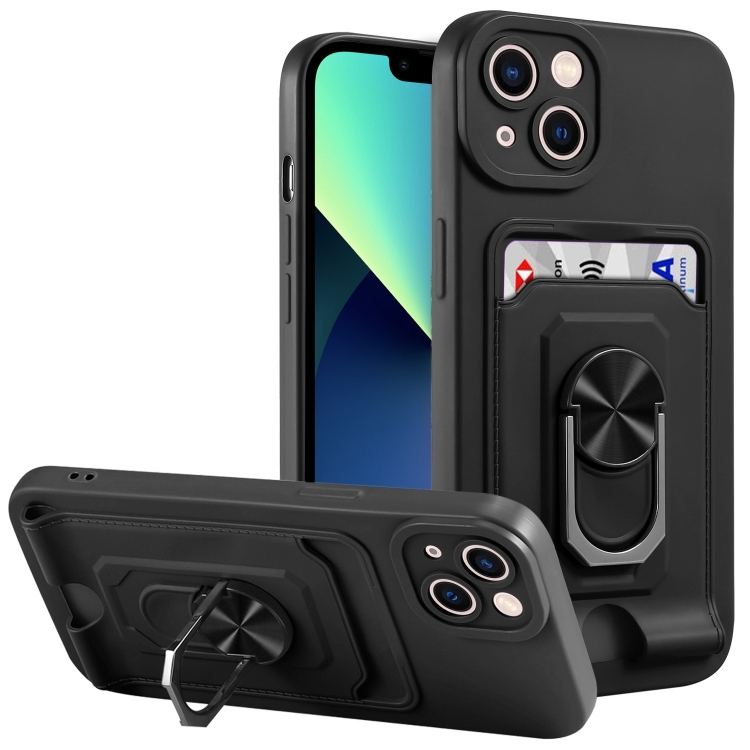 

For iPhone 14 Plus Ring Kickstand Card Wallet TPU Phone Case (Black)
