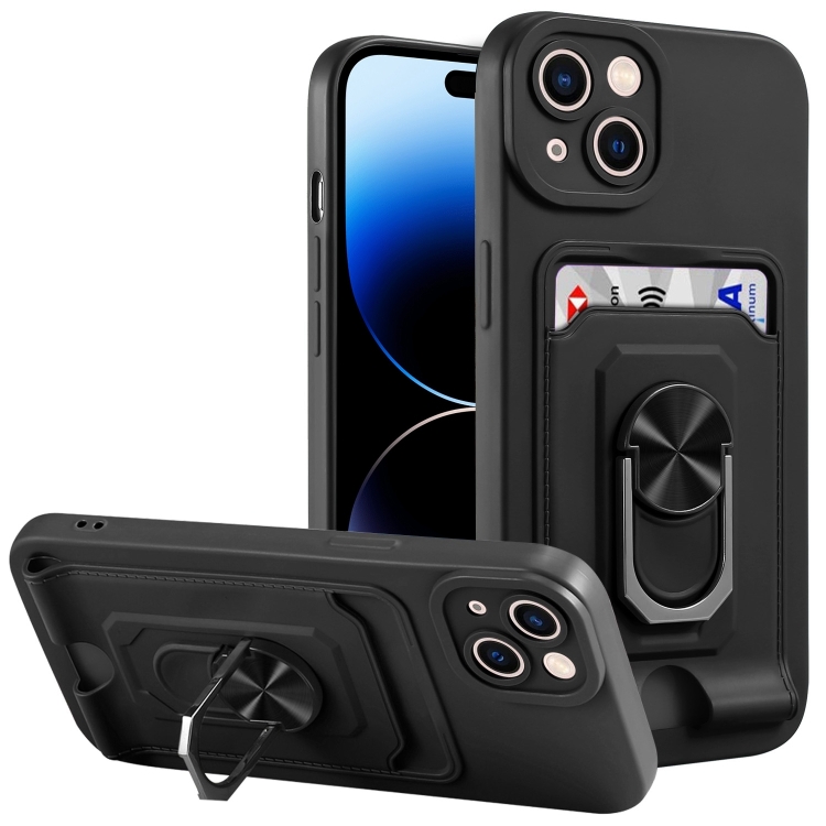 

For iPhone 14 Pro Ring Kickstand Card Wallet TPU Phone Case(Black)