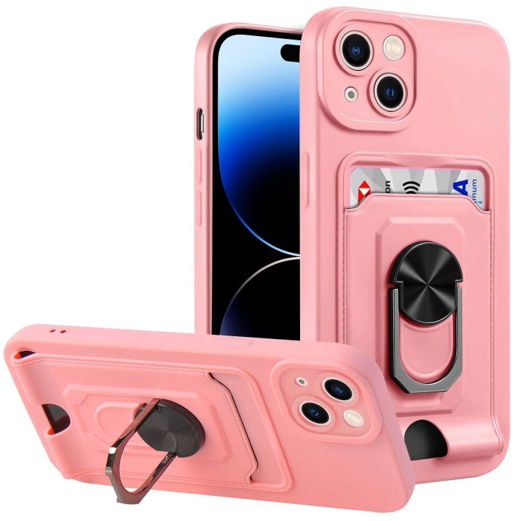 

For iPhone 14 Pro Max Ring Kickstand Card Wallet TPU Phone Case (Pink)