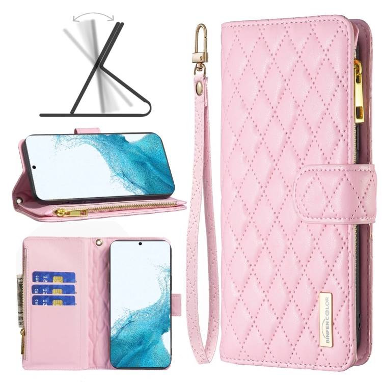 

For Samsung Galaxy S22 5G Diamond Lattice Zipper Wallet Leather Flip Phone Case(Pink)