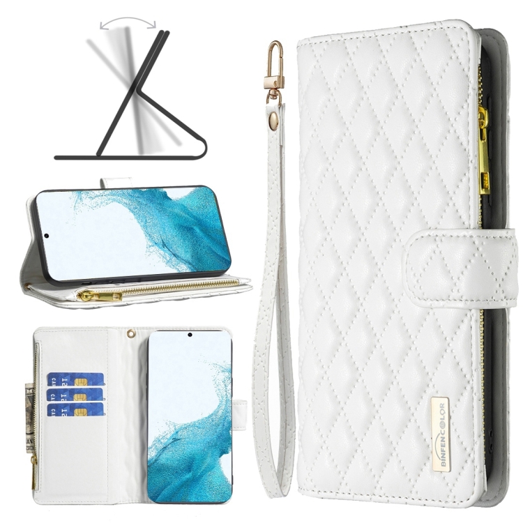 

For Samsung Galaxy S22+ 5G Diamond Lattice Zipper Wallet Leather Flip Phone Case(White)