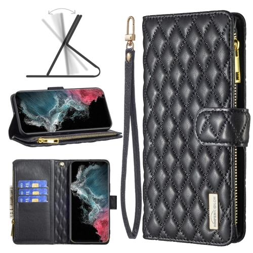 

For Samsung Galaxy S22 Ultra 5G Diamond Lattice Zipper Wallet Leather Flip Phone Case(Black)