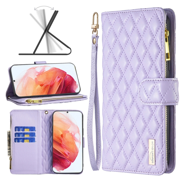 

For Samsung Galaxy S21 5G Diamond Lattice Zipper Wallet Leather Flip Phone Case(Purple)
