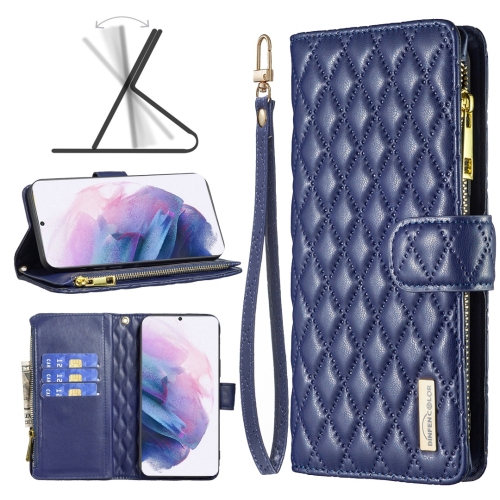 

For Samsung Galaxy S21+ 5G Diamond Lattice Zipper Wallet Leather Flip Phone Case(Blue)