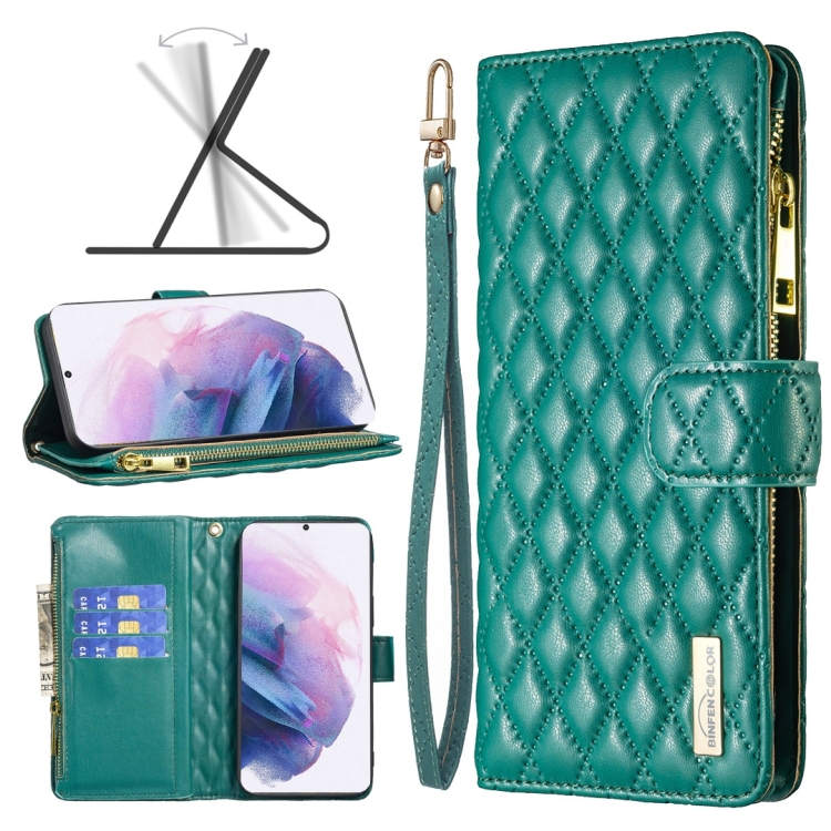 

For Samsung Galaxy S21+ 5G Diamond Lattice Zipper Wallet Leather Flip Phone Case(Green)