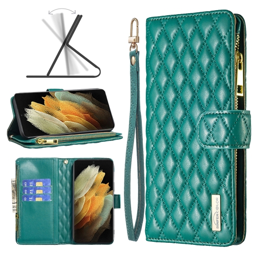 

For Samsung Galaxy S21 Ultra 5G Diamond Lattice Zipper Wallet Leather Flip Phone Case(Green)