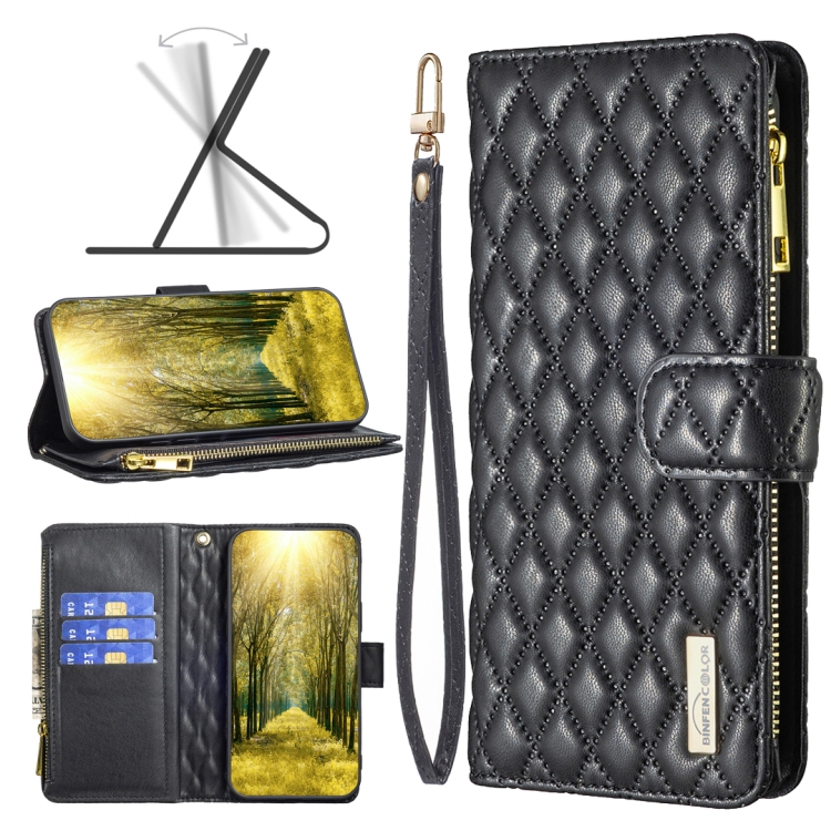 

For Samsung Galaxy A22 5G Diamond Lattice Zipper Wallet Leather Flip Phone Case(Black)