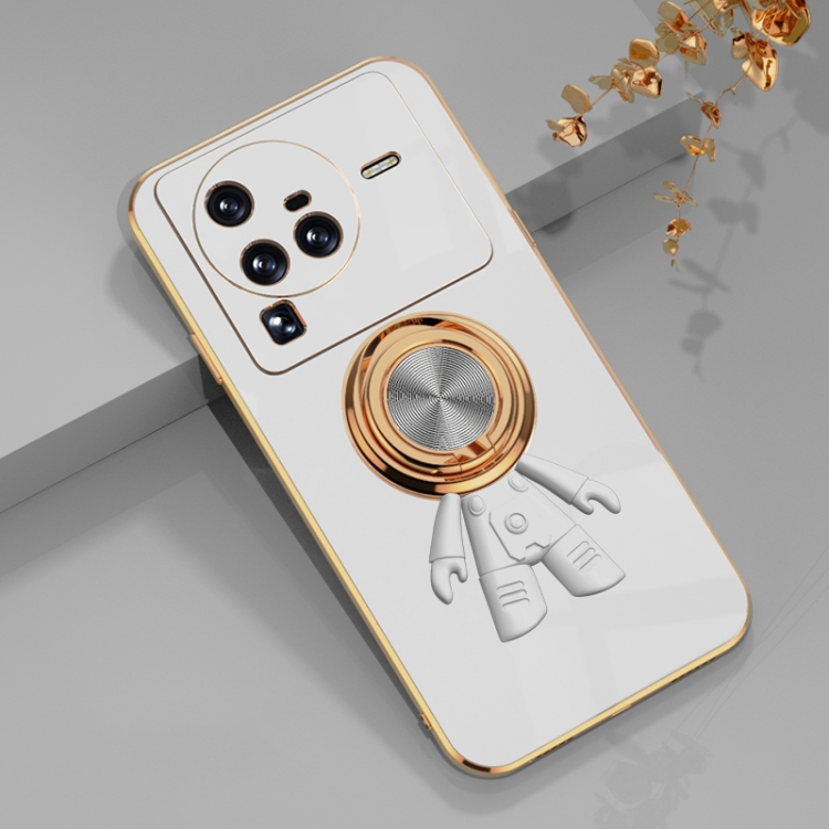 

For vivo X80 Pro 6D Plating Astronaut Ring Kickstand Phone Case(White)