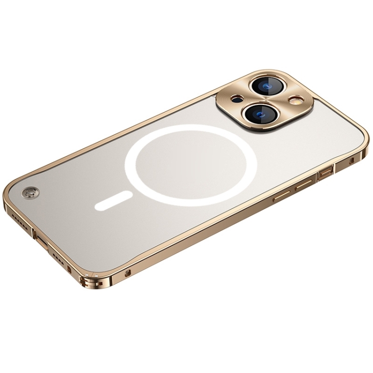 

For iPhone 14 Metal Frame Frosted PC Shockproof MagSafe Case (Gold)