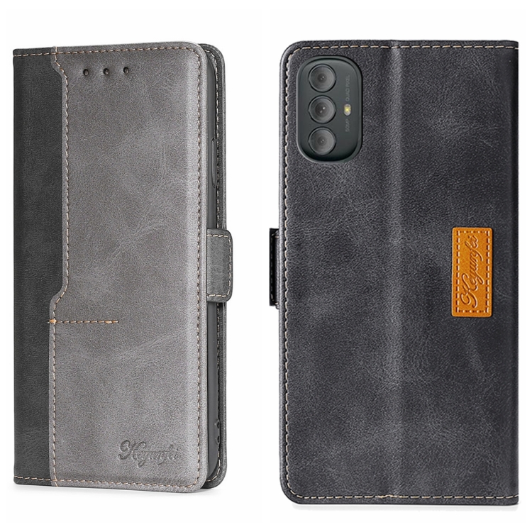 

For Motorola Moto G Power 2022 Contrast Color Side Buckle Leather Phone Case(Black + Grey)