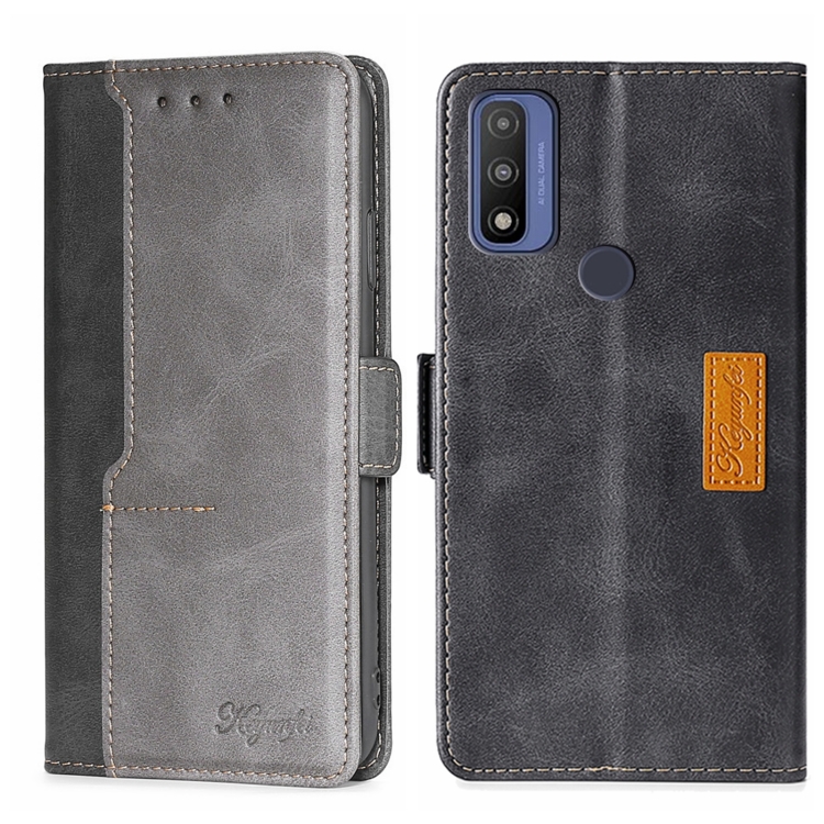 

For Motorola Moto G Pure Contrast Color Side Buckle Leather Phone Case(Black + Grey)