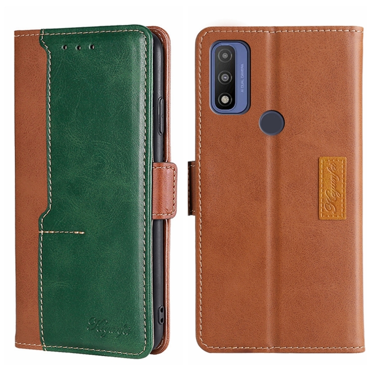 

For Motorola Moto G Pure Contrast Color Side Buckle Leather Phone Case(Light Brown + Green)