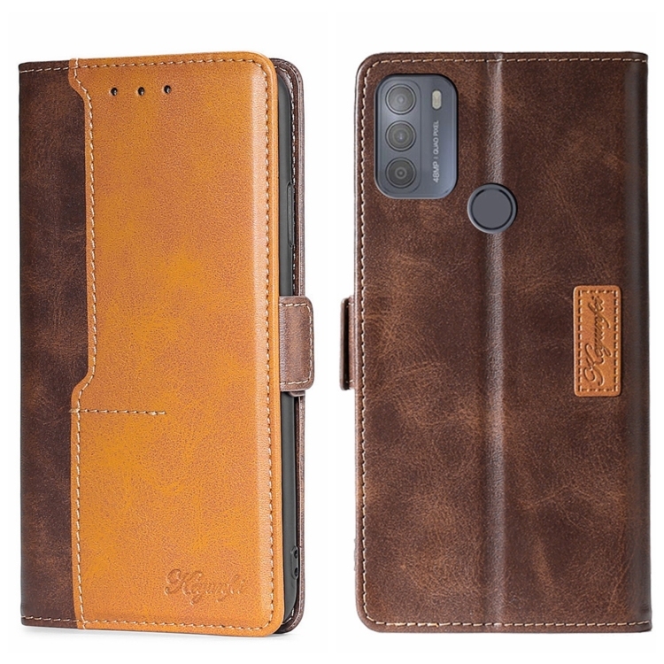 

For Motorola Moto G50 Contrast Color Side Buckle Leather Phone Case(Dark Brown + Gold)