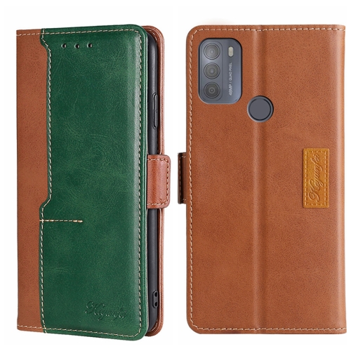 

For Motorola Moto G50 Contrast Color Side Buckle Leather Phone Case(Light Brown + Green)