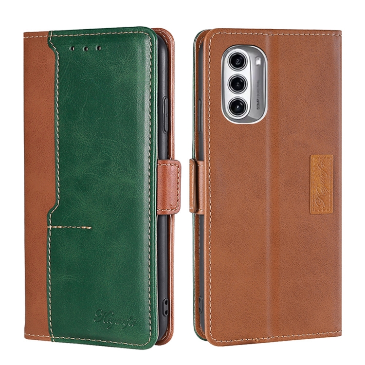 

For Motorola Moto G52J 5G Contrast Color Side Buckle Leather Phone Case(Light Brown + Green)
