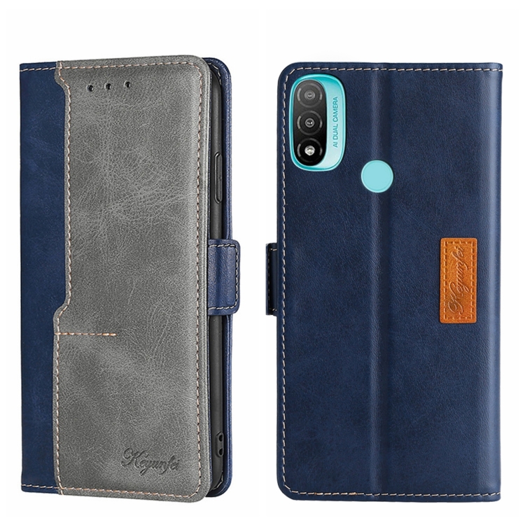 

For Motorola Moto E20 Contrast Color Side Buckle Leather Phone Case(Blue + Grey)