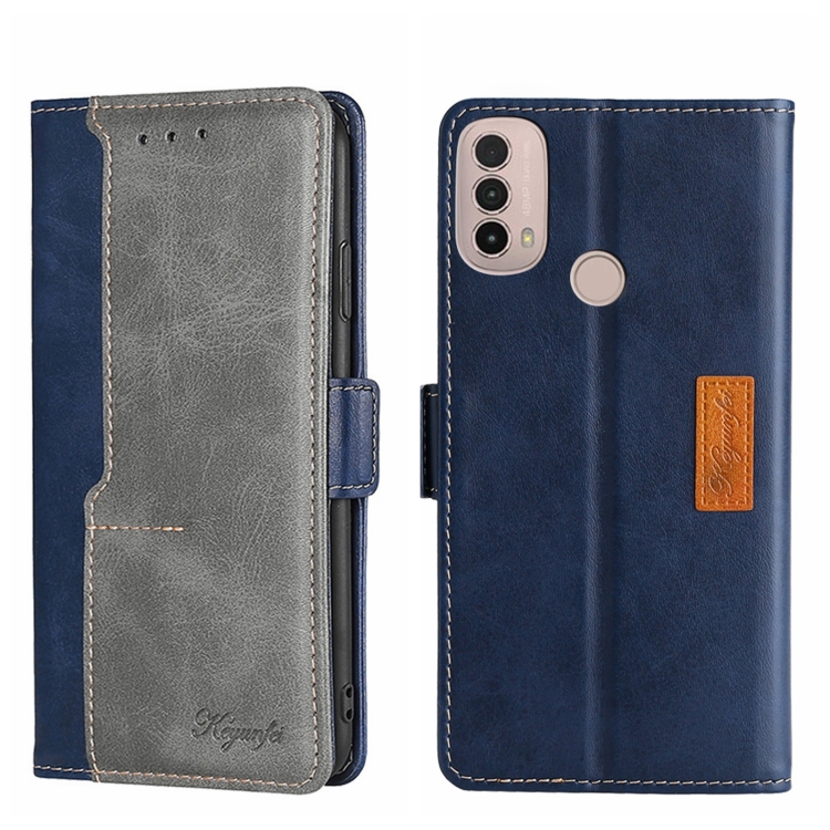 

For Motorola Moto E40 Contrast Color Side Buckle Leather Phone Case(Blue + Grey)