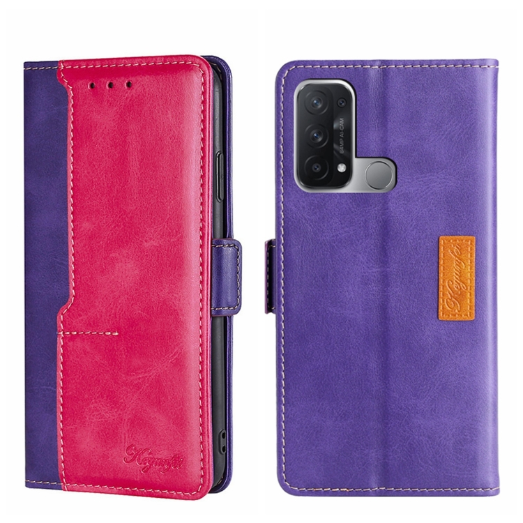 

For OPPO Reno5 A Contrast Color Side Buckle Leather Phone Case(Purple + Rose Red)