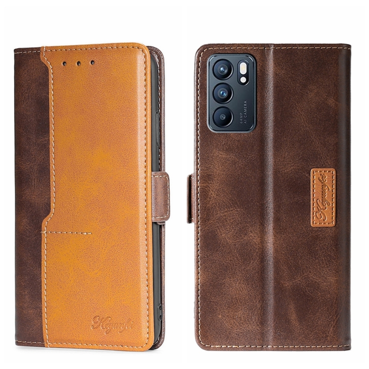 

For OPPO Reno6 5G Contrast Color Side Buckle Leather Phone Case(Dark Brown + Gold)
