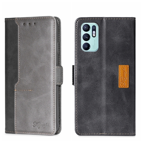 

For OPPO Reno6 4G Contrast Color Side Buckle Leather Phone Case(Black + Grey)