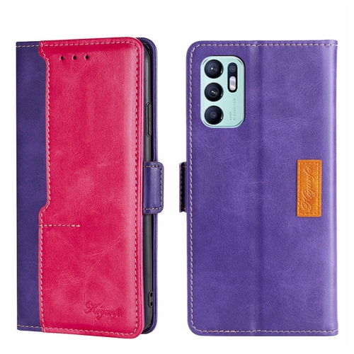 

For OPPO Reno6 4G Contrast Color Side Buckle Leather Phone Case(Purple + Rose Red)