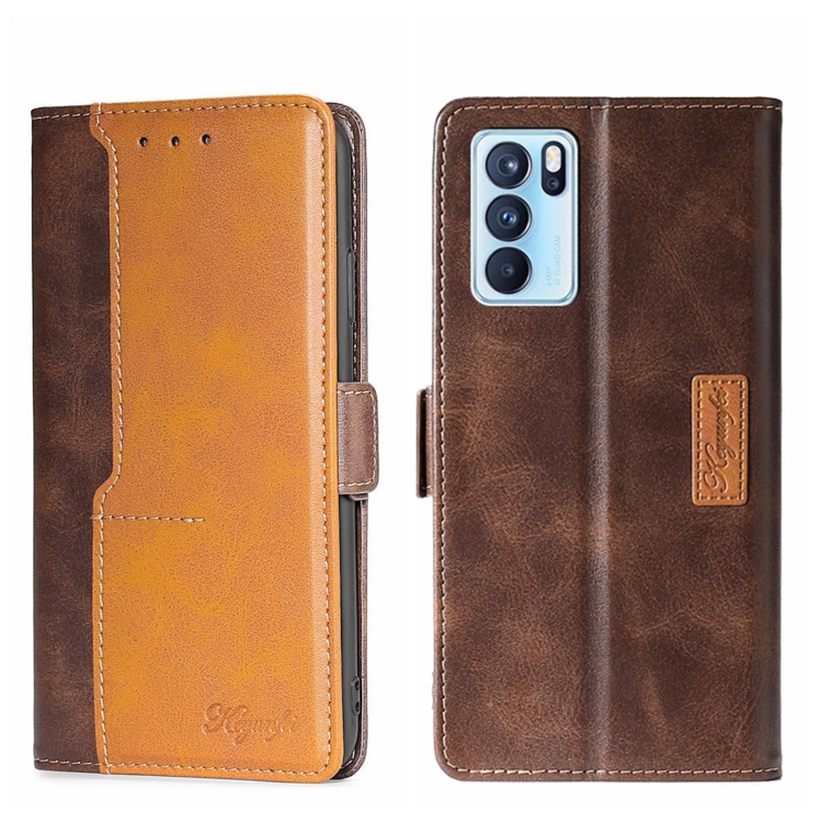 

For OPPO Reno6 Pro 5G Contrast Color Side Buckle Leather Phone Case(Dark Brown + Gold)