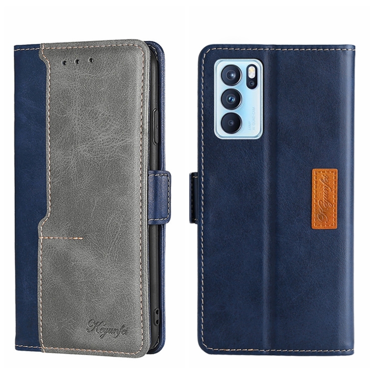 

For OPPO Reno6 Pro 5G Contrast Color Side Buckle Leather Phone Case(Blue + Grey)
