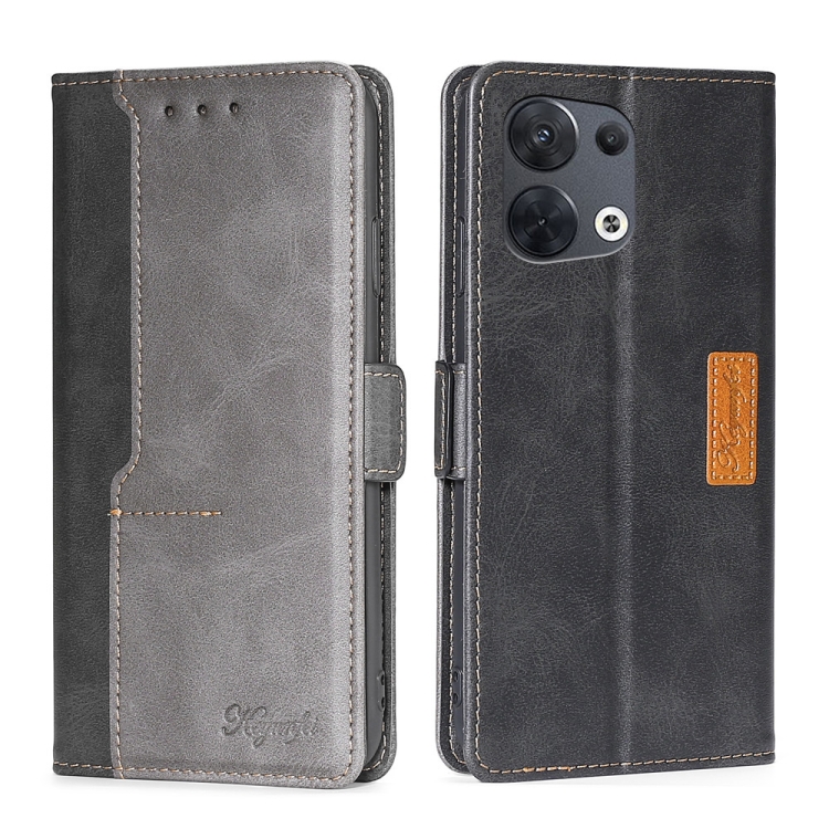 

For OPPO Reno8 5G Contrast Color Side Buckle Leather Phone Case(Black + Grey)