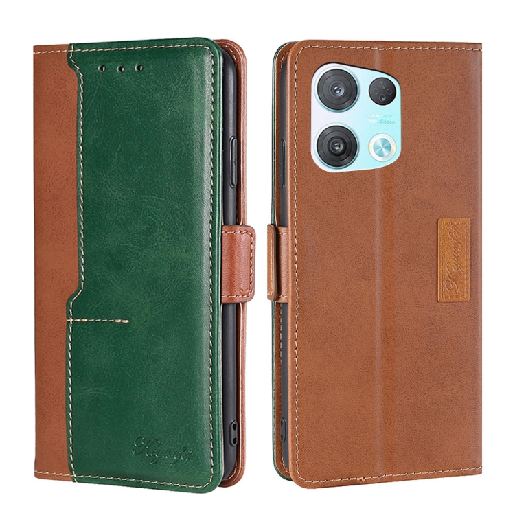 

For OPPO Reno8 Pro 5G Contrast Color Side Buckle Leather Phone Case(Light Brown + Green)