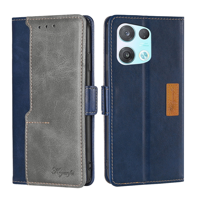 

For OPPO Reno8 Pro 5G Contrast Color Side Buckle Leather Phone Case(Blue + Grey)