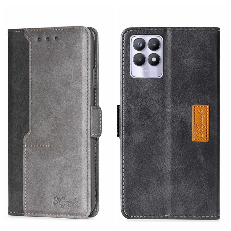 

For OPPO Realme 8i Contrast Color Side Buckle Leather Phone Case(Black + Grey)