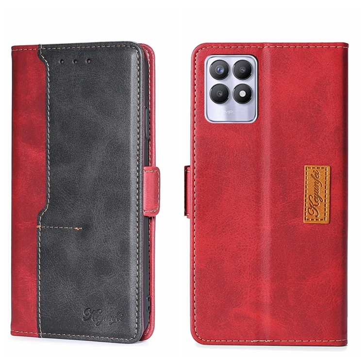 

For OPPO Realme 8i Contrast Color Side Buckle Leather Phone Case(Red + Black)