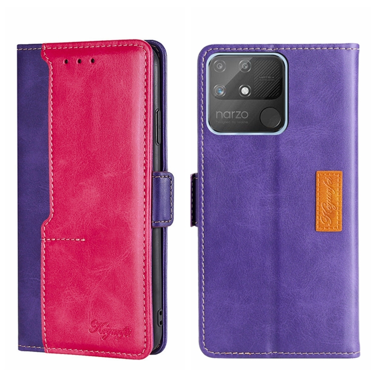

For OPPO Realme Narzo 50A Contrast Color Side Buckle Leather Phone Case(Purple + Rose Red)