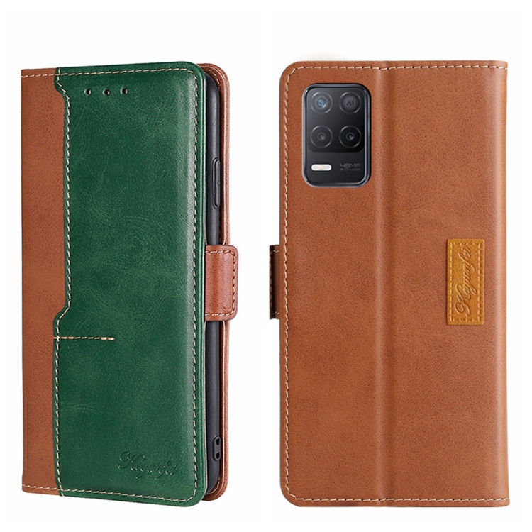 

For OPPO Realme V13 5G Contrast Color Side Buckle Leather Phone Case(Light Brown + Green)