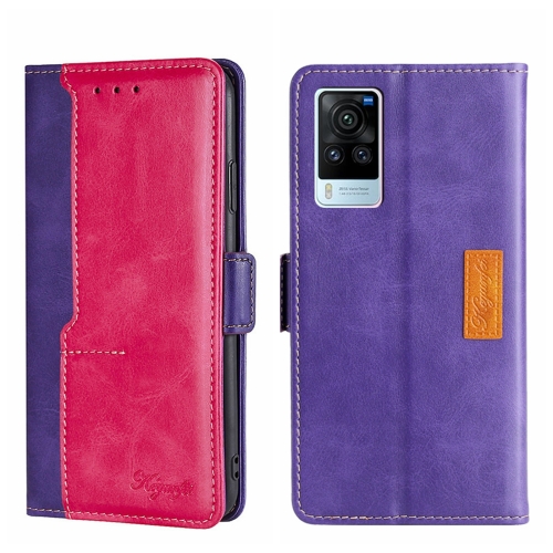 

For vivo X60 Pro Global/X60 Curved Screen Contrast Color Side Buckle Leather Phone Case(Purple + Rose Red)