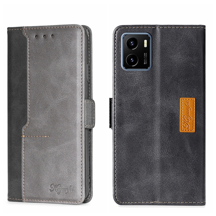 

For vivo Y15S Global Contrast Color Side Buckle Leather Phone Case(Black + Grey)