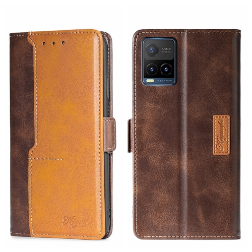 

For vivo Y21/Y21S/Y33S Contrast Color Side Buckle Leather Phone Case(Dark Brown + Gold)