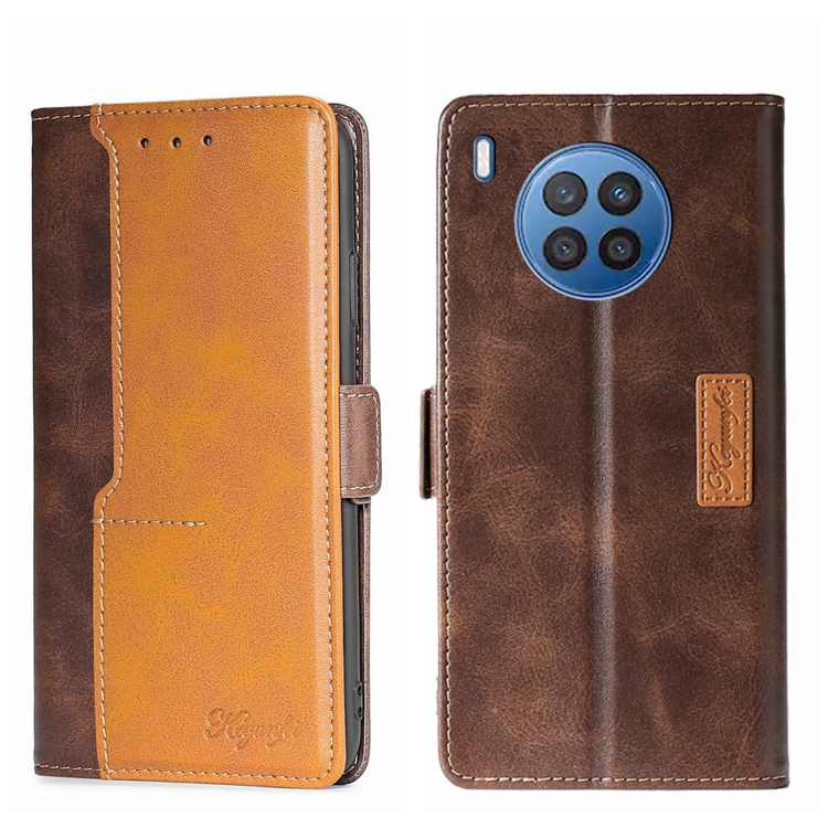 

For Huawei Nova 8i Contrast Color Side Buckle Leather Phone Case(Dark Brown + Gold)