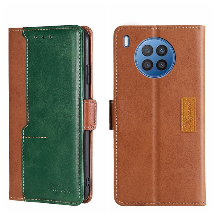 

For Huawei Nova 8i Contrast Color Side Buckle Leather Phone Case(Light Brown + Green)