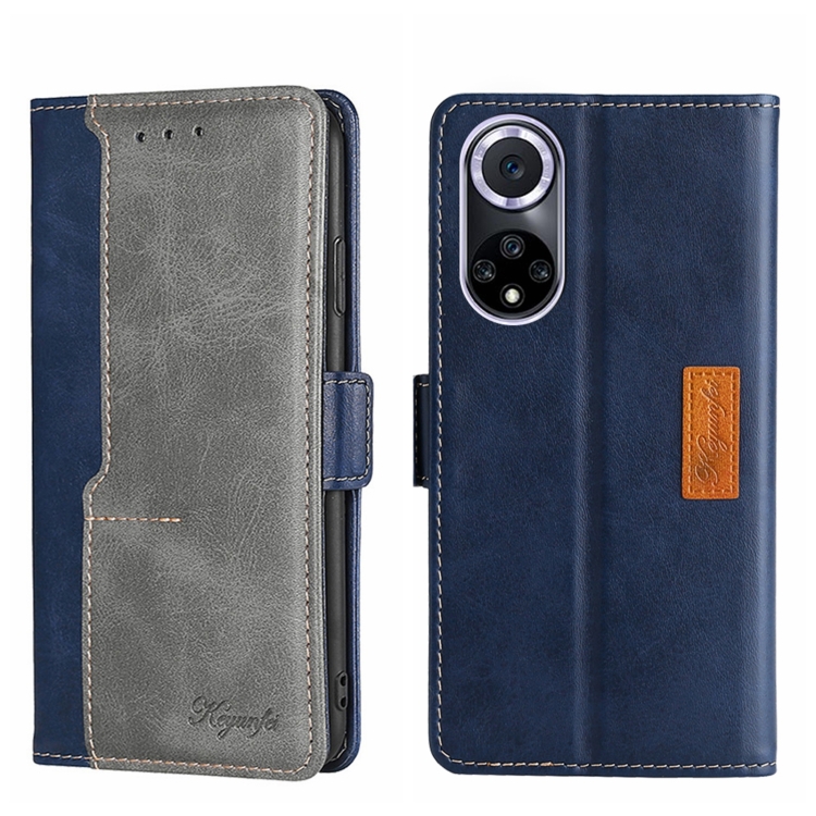 

For Huawei Nova 9 Contrast Color Side Buckle Leather Phone Case(Blue + Grey)