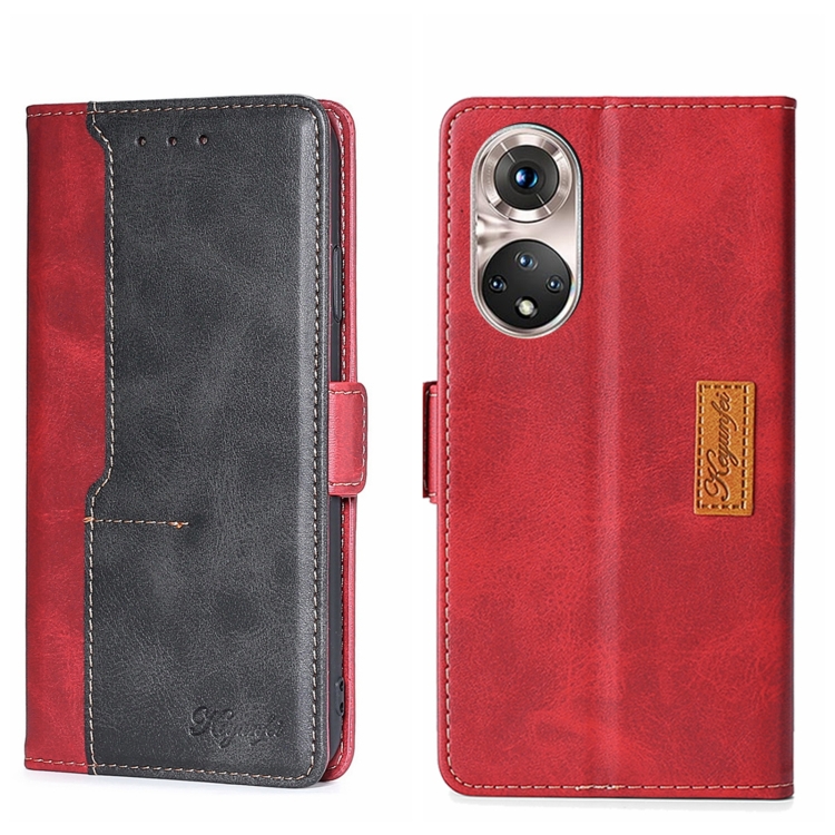 

For Honor 50 Pro Contrast Color Side Buckle Leather Phone Case(Red + Black)