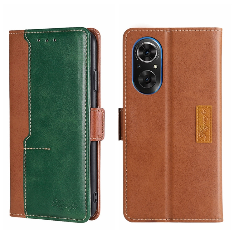 

For Honor 50 SE Contrast Color Side Buckle Leather Phone Case(Light Brown + Green)