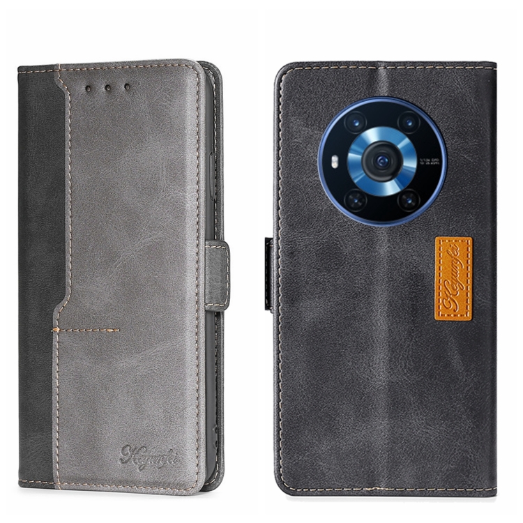 

For Honor Magic3 Contrast Color Side Buckle Leather Phone Case(Black + Grey)