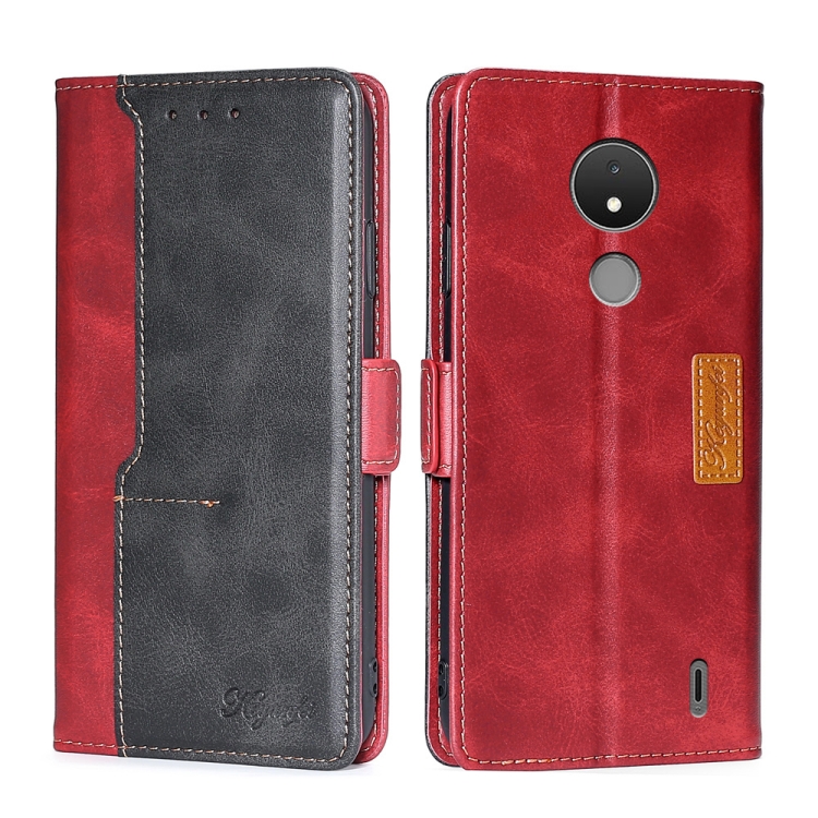 

For Nokia C21 Contrast Color Side Buckle Leather Phone Case(Red + Black)