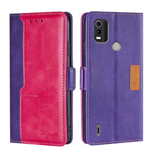 

For Nokia C21 Plus Contrast Color Side Buckle Leather Phone Case(Purple + Rose Red)