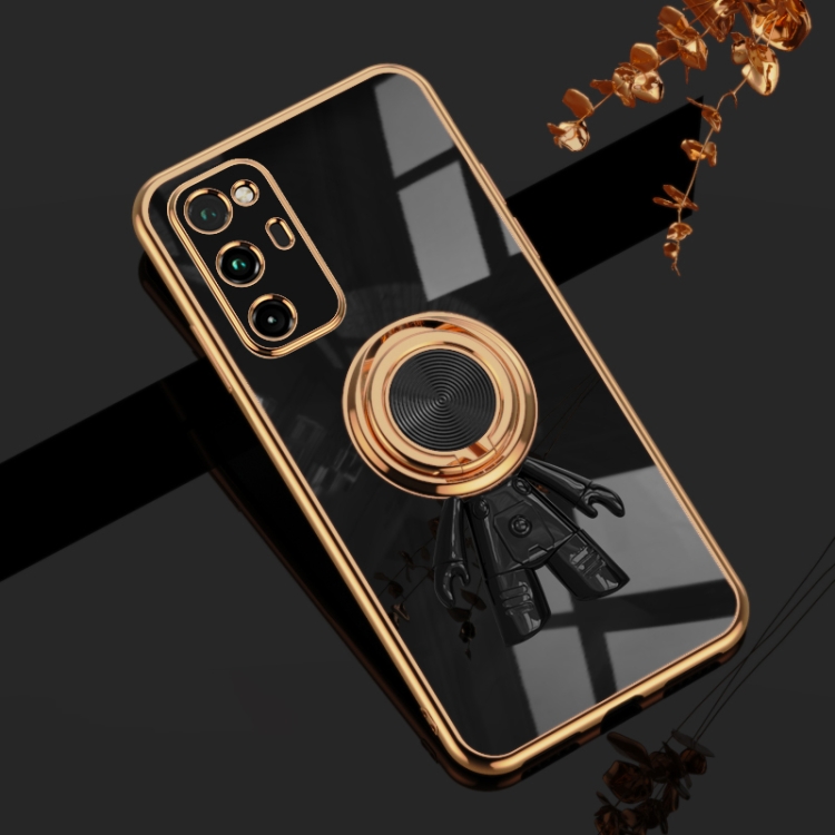 

For Honor V30 Pro 6D Plating Astronaut Ring Kickstand Phone Case(Black)