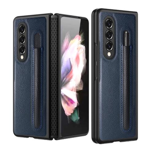 

For Samsung Galaxy Z Fold4 Litchi Texture Hinge Protection Folding Phone Case(Blue)