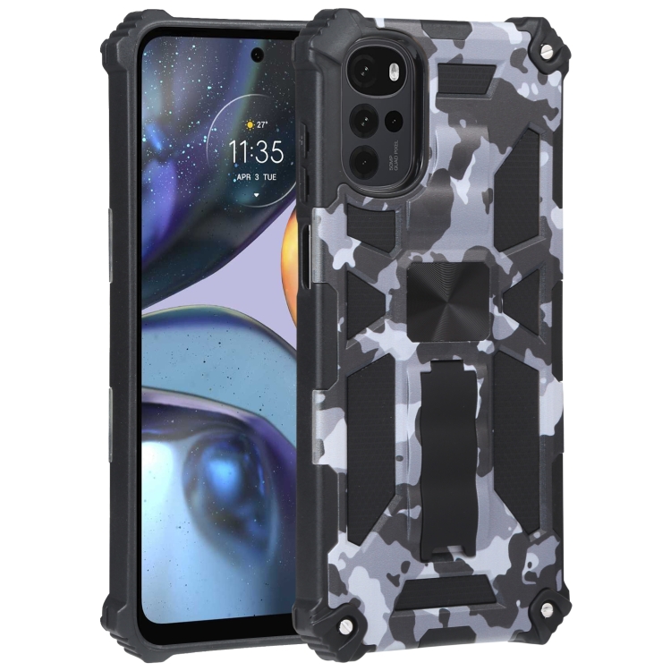 

For Motorola Moto G22 Camouflage Armor Kickstand Magnetic Phone Case(Grey)