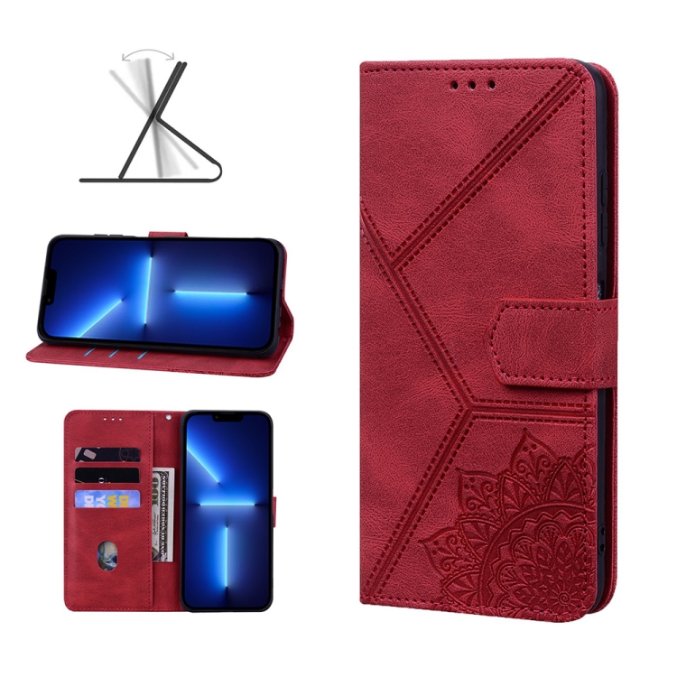 

For iPhone 13 Pro Max Geometric Mandala Embossed Leather Phone Case (Red)