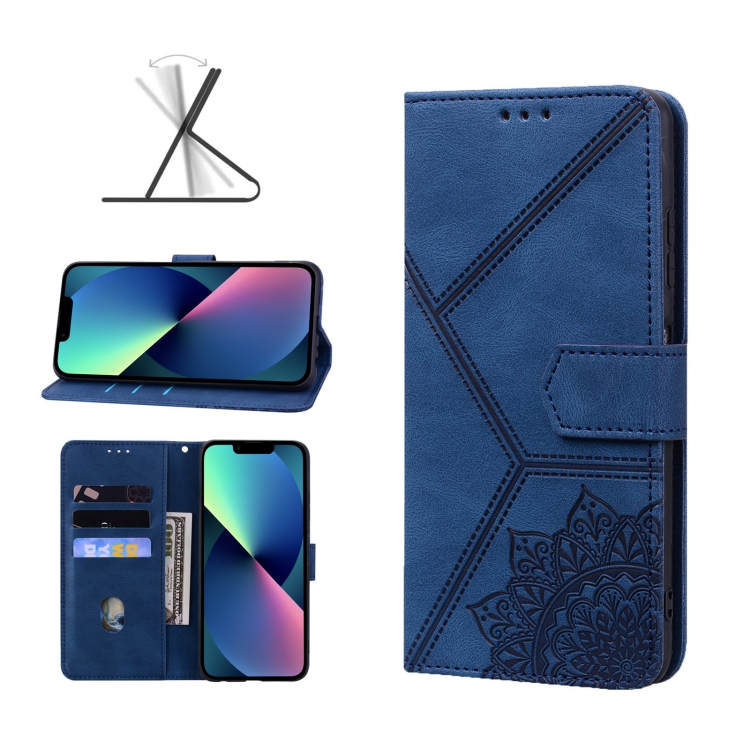 

Geometric Mandala Embossed Leather Phone Case For iPhone 13 mini(Blue)